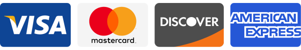 Credit card logos for Visa, Mastercard, Discover, and American Express